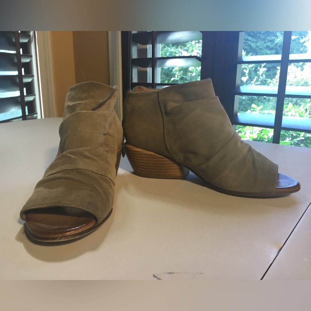Miz Mooz open toe booties. Khaki colored micro fiber. Size 38 (ladies size 7)